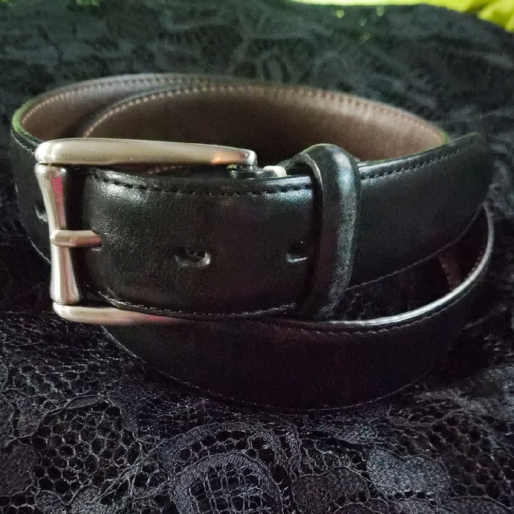 Men's Black Cole Haan Leather Belt With Solid White Brass Buckle 38" Long